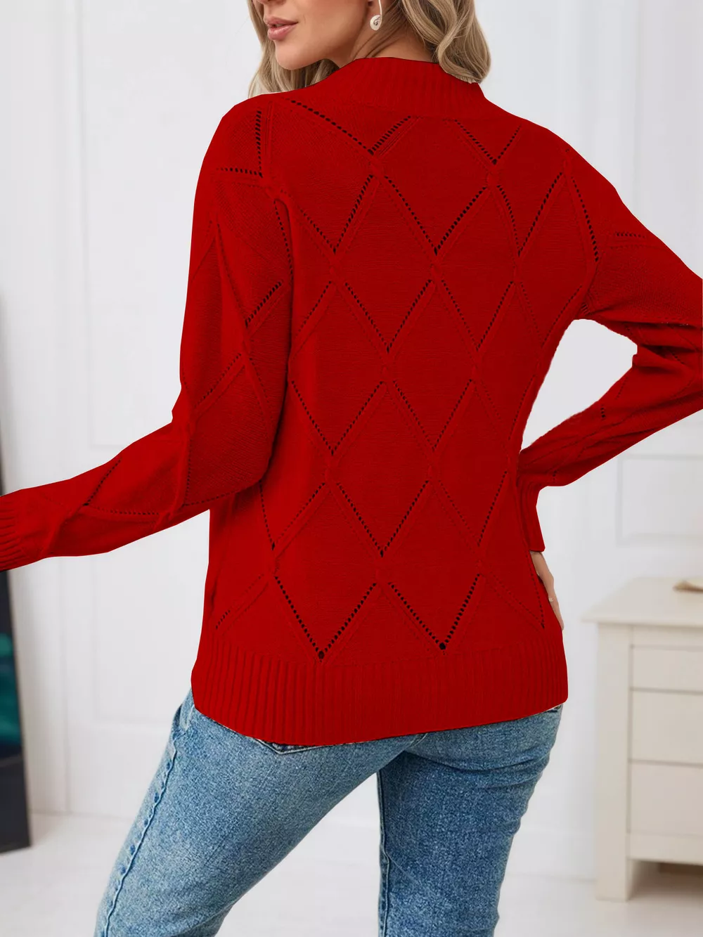 Long Sleeve Diamond Eyelet Knit Top, image 13