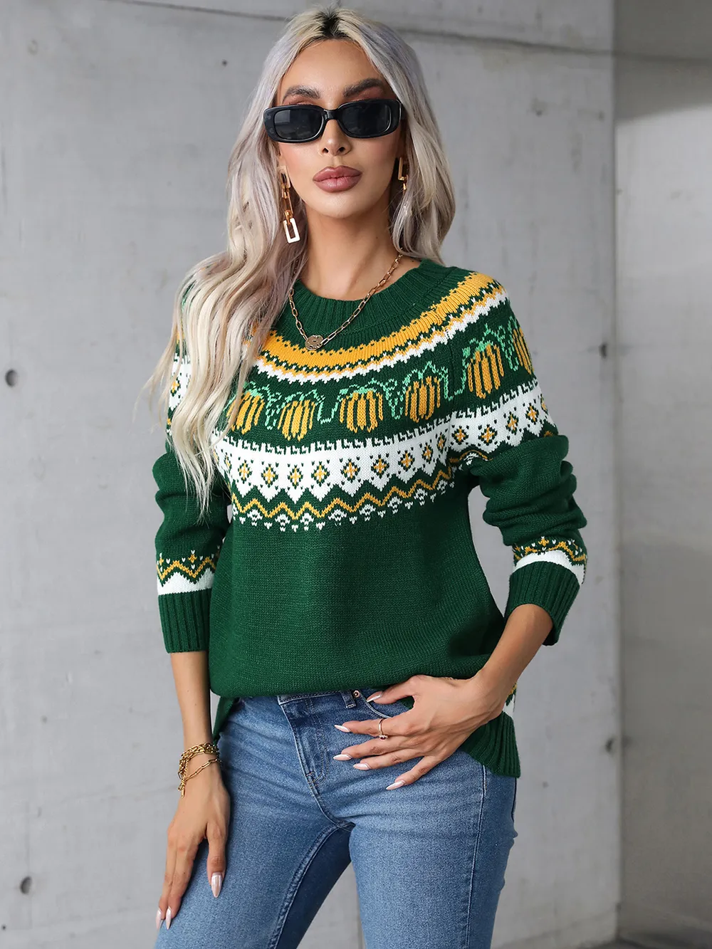 Geometric Round Neck Long Sleeve Sweater, image 9