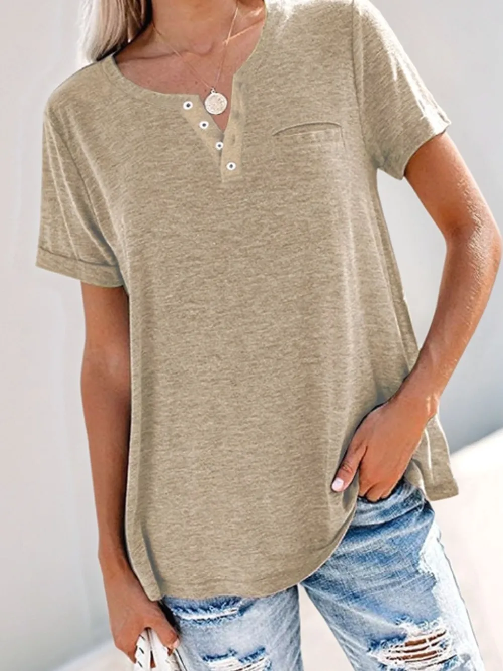 Full Size Notched Short Sleeve T-Shirt Plus Size, image 5