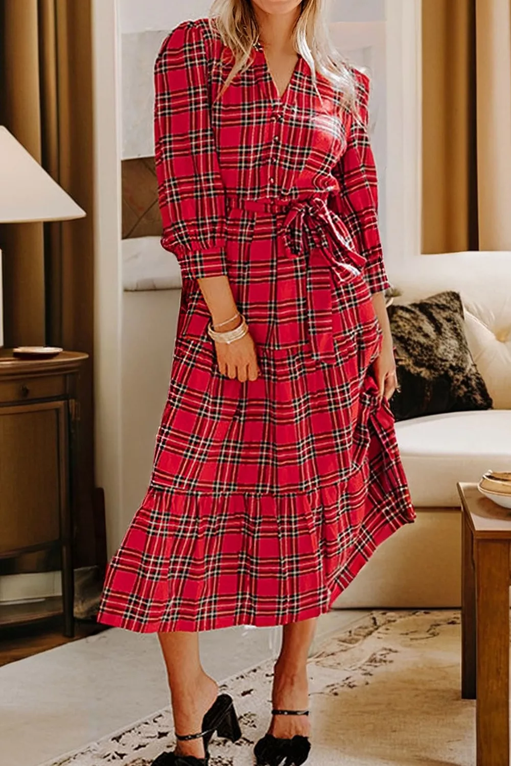 Christmas Plaid V Neck 3/4 Sleeve Tie Waist Ruffle Hem Midi Dress, image 5