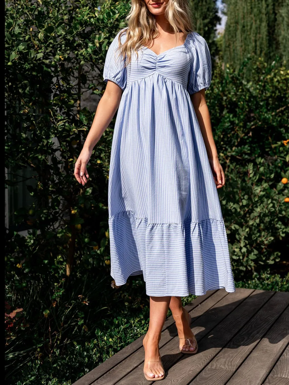 Striped Sweetheart Neck Puff Sleeve Midi Dress, image 2