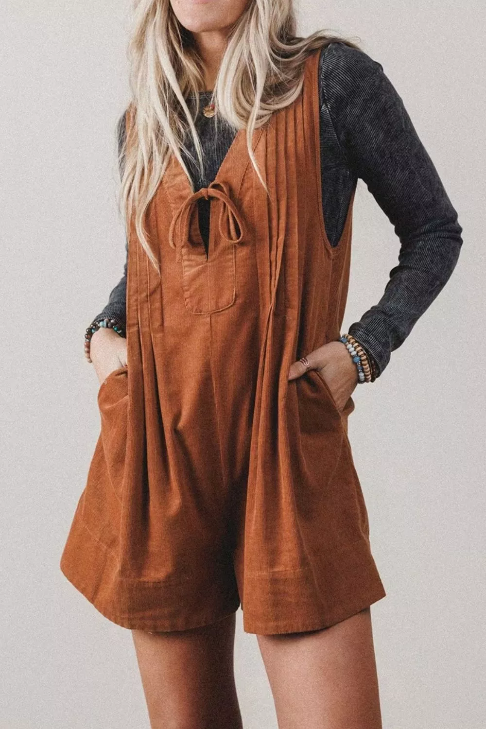 Solid Color Tie V Neck Sleeveless Corduroy Romper, image 3