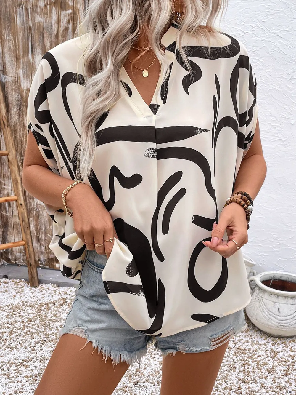 Printed Notched Half Sleeve Blouse, image 6