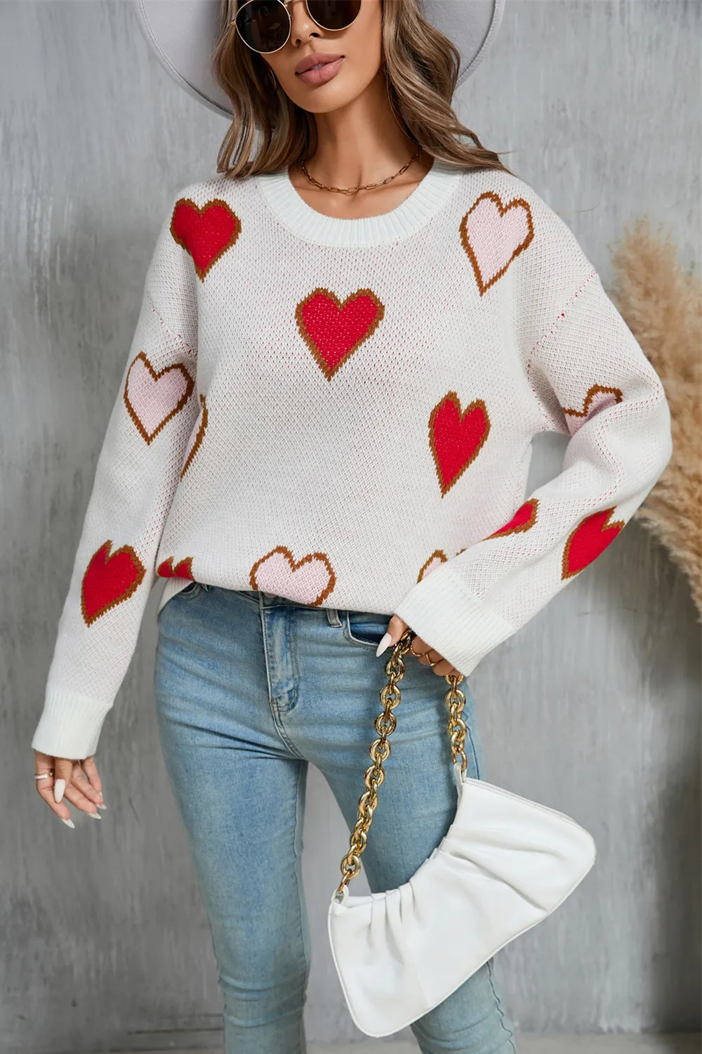 Contrast Heart Round Neck Long Sleeve Sweater, image 6