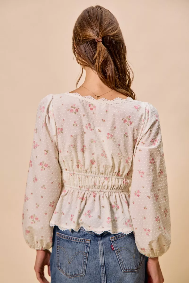 Floral Clip Dot Lace Trim Ruched Bodice Blouse, image 3
