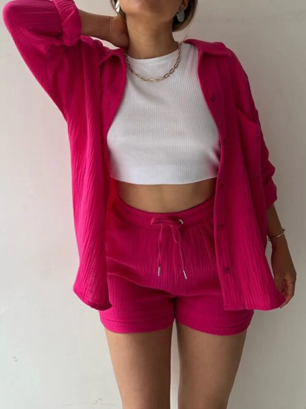Texture Button Up Shirt and Drawstring Shorts Set, image 14
