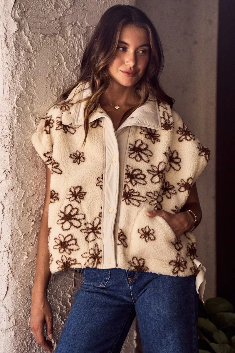 Flower Sherpa Fur Oversized Sleeveless Vest Jacket