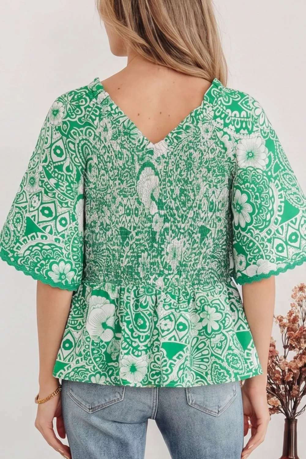 Flirty Floral Smocked V Neck Blouse, image 2