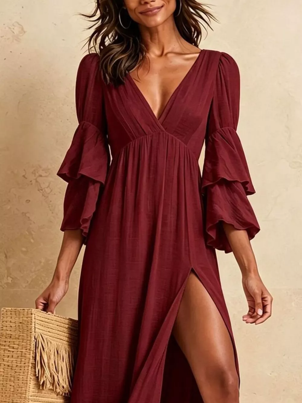 Tiered Ruffle Sleeves High Slit V-Neck Maxi Dress, image 15