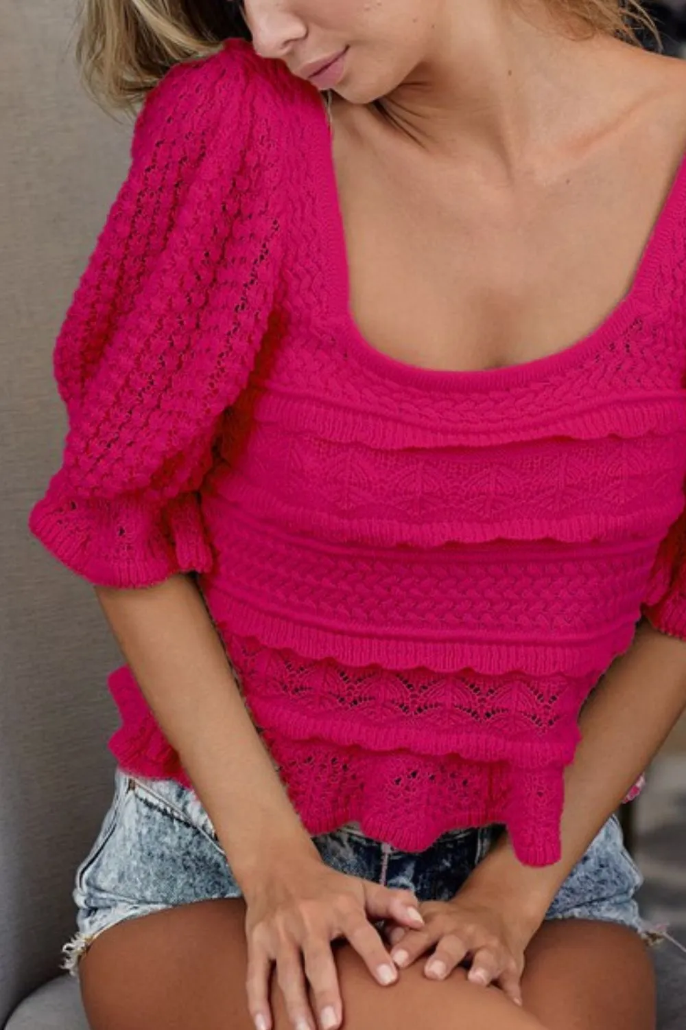 Square Neckline with Puff Sleeve Crochet Top, image 2