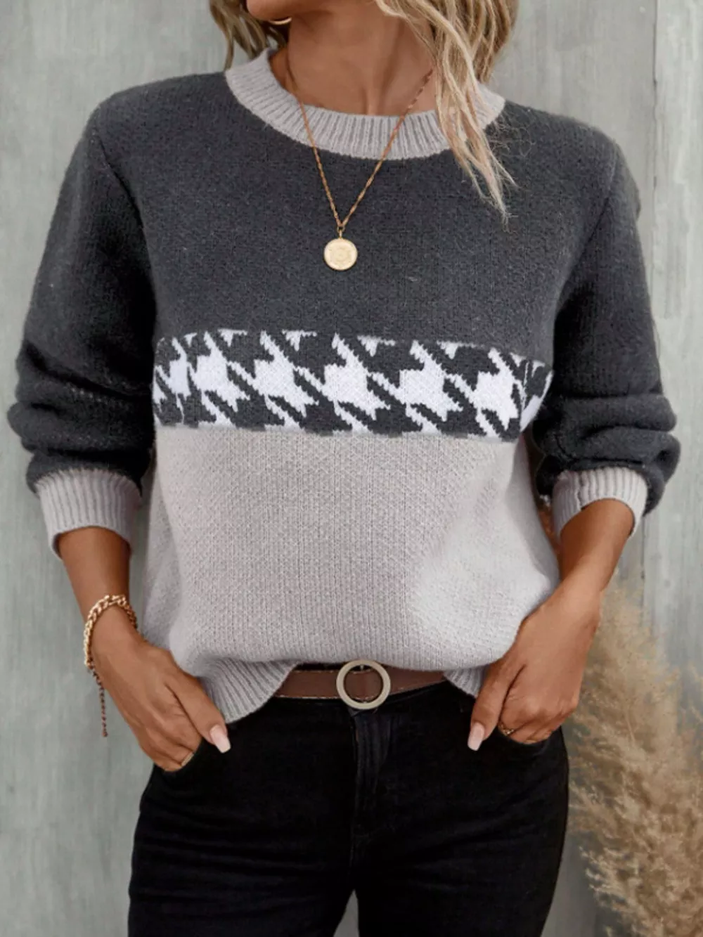 Houndstooth Pattern Color Block Sweater, image 3