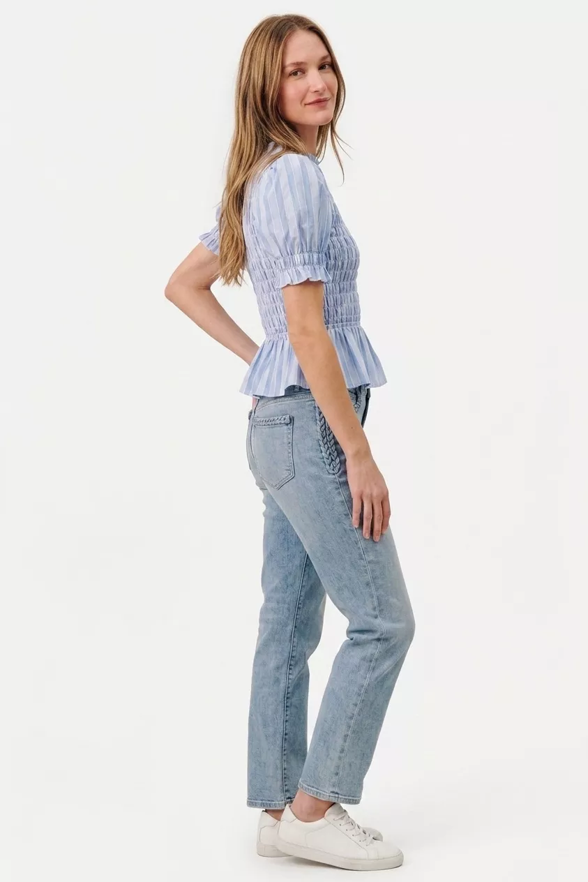 Stripe Smocked Bodice Puff Sleeves Blouse Top, image 3