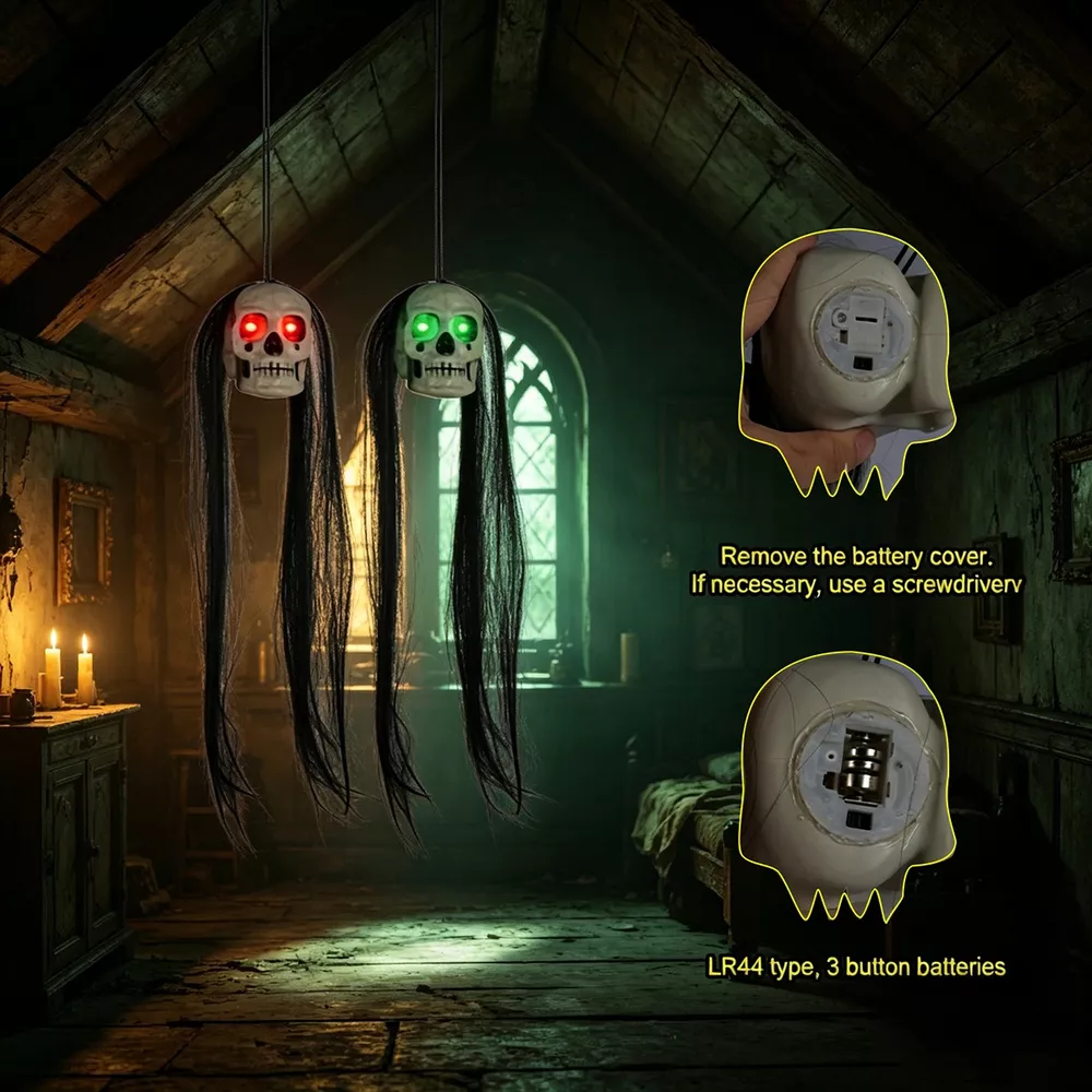 Halloween Hanging Dual-Skull with Glowing Eyes and Long Hair, image 9