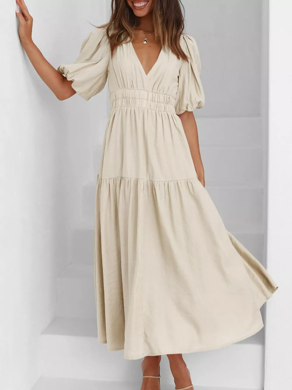 V-Neck Puff Sleeve Midi Dress, image 15
