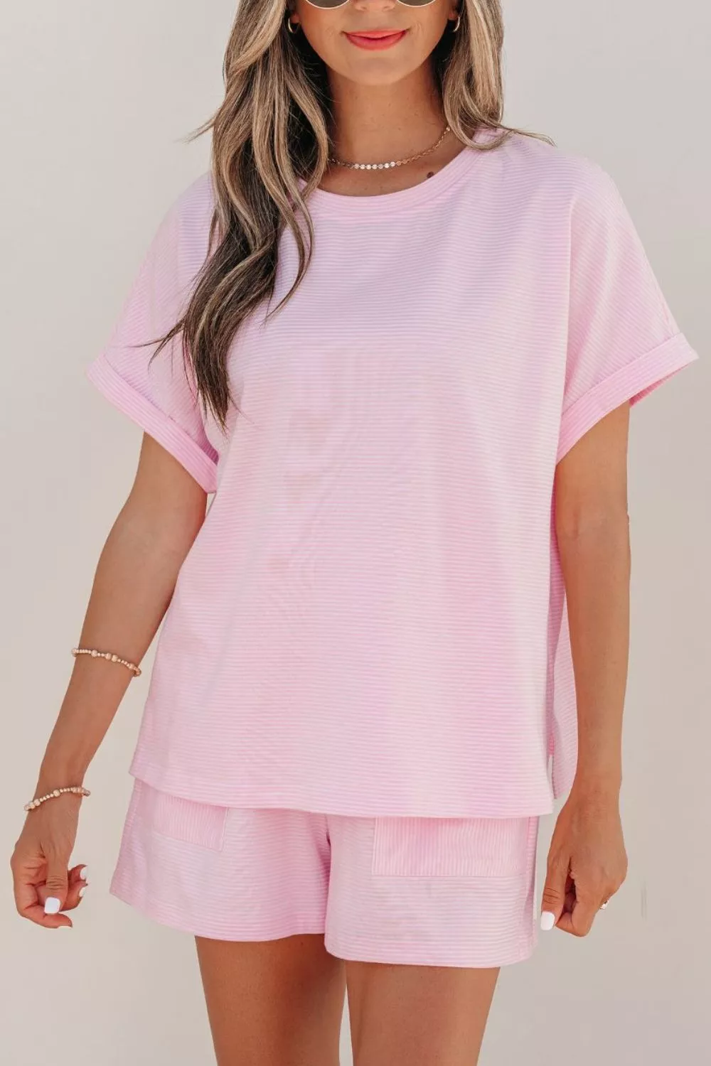Stripe Matching Oversized Tee and Drawstring Shorts Set, image 2