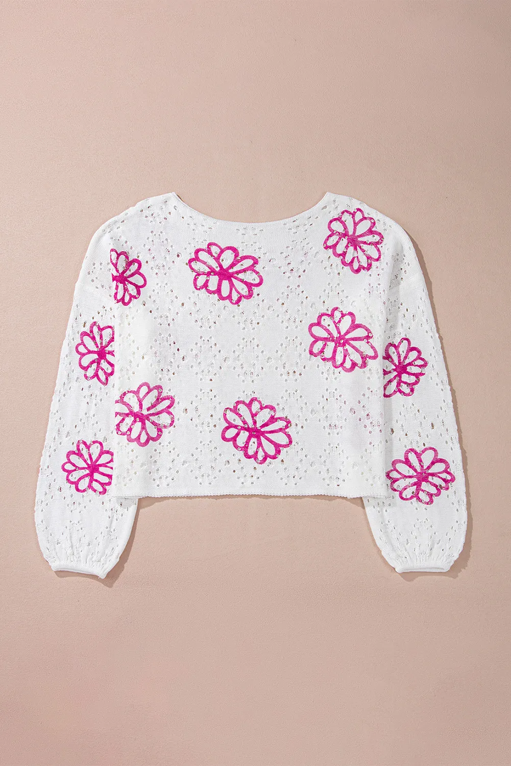 Openwork Round Neck Long Sleeve Knit Top, image 4