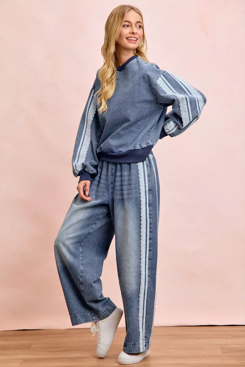 BiBi Washed Denim Lace Contrast Sided Sweatshirt, image 13