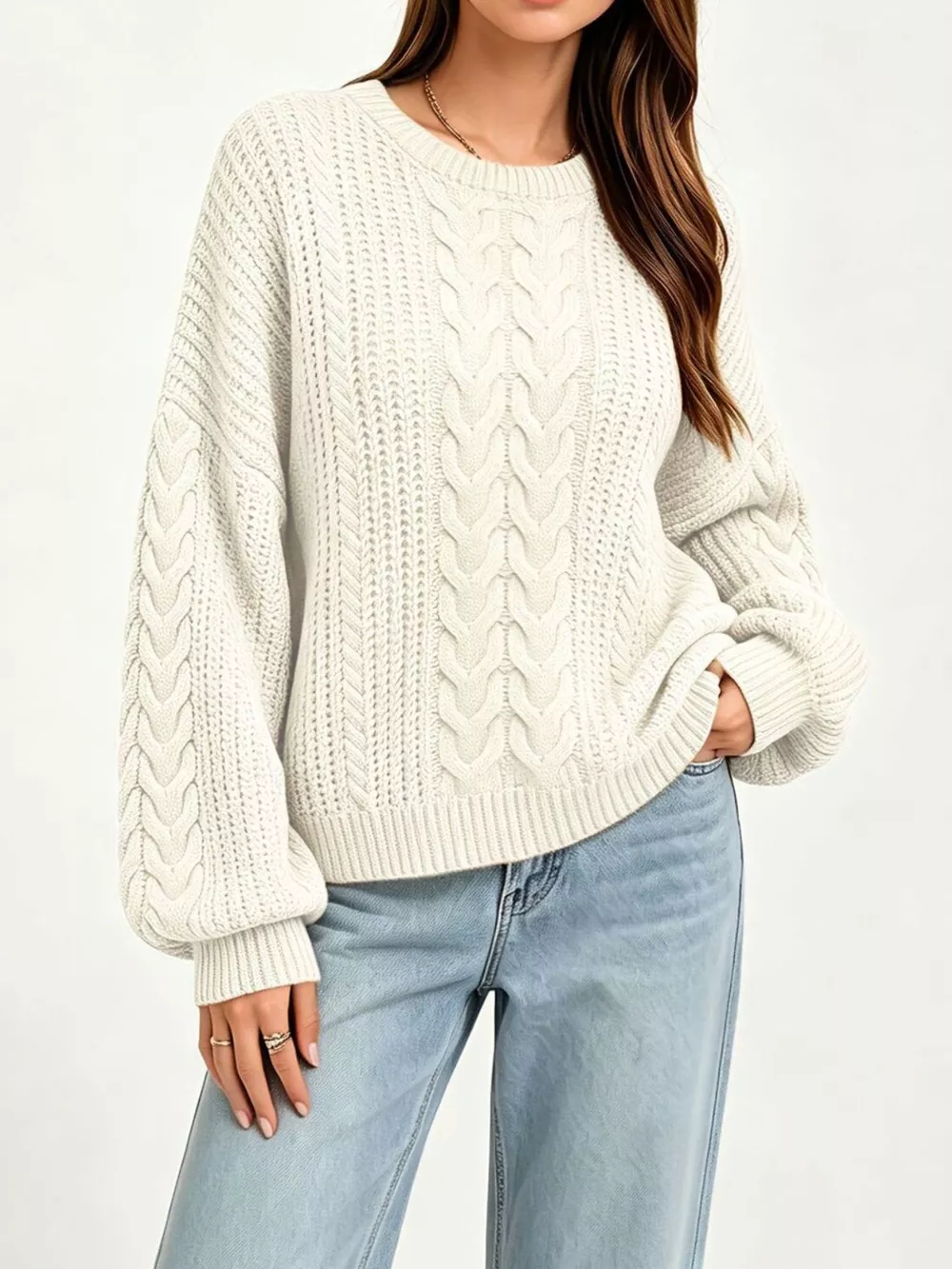 Chunky Cable Knit Round Neck Sweater, image 6