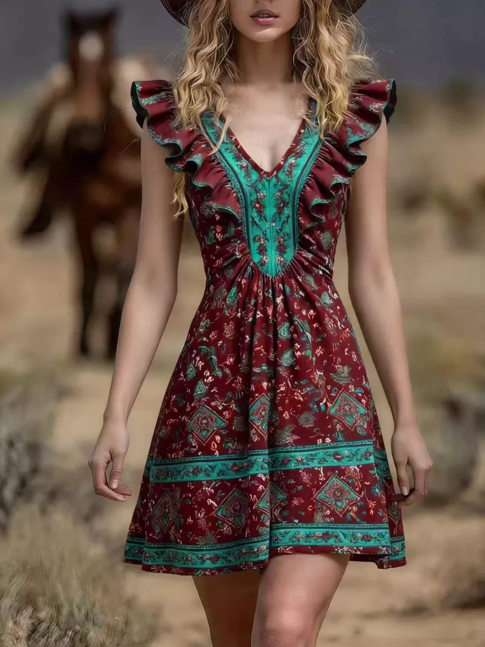 Ruffled V-Neck Mini Dress, image 3