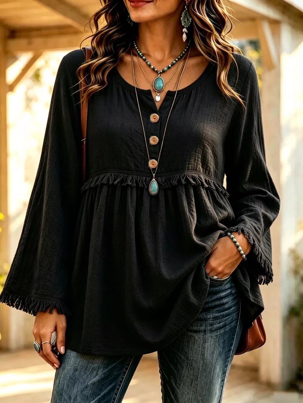 Button-Down Detail Fringed Hem Blouse, image 10