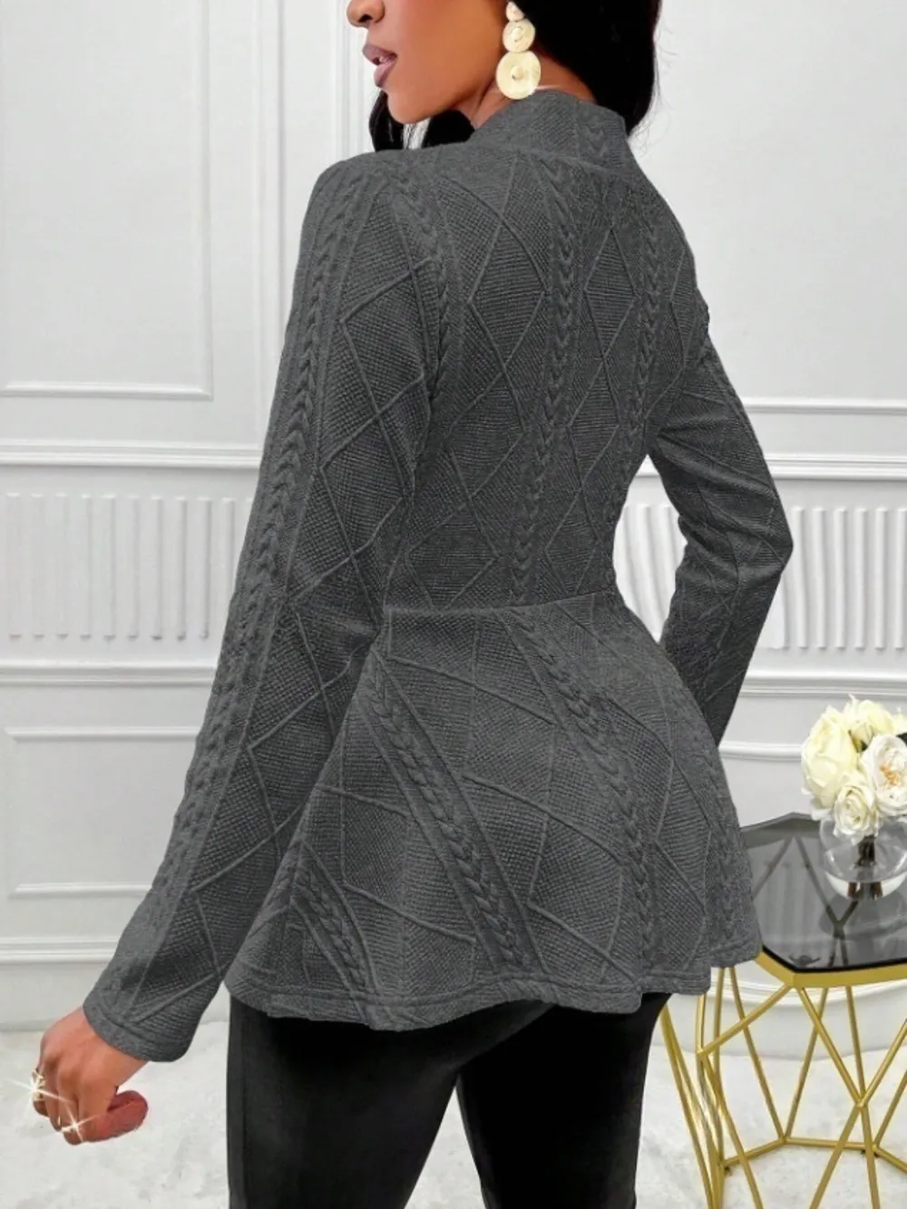 One Button Textured Peplum Cardigan, image 11