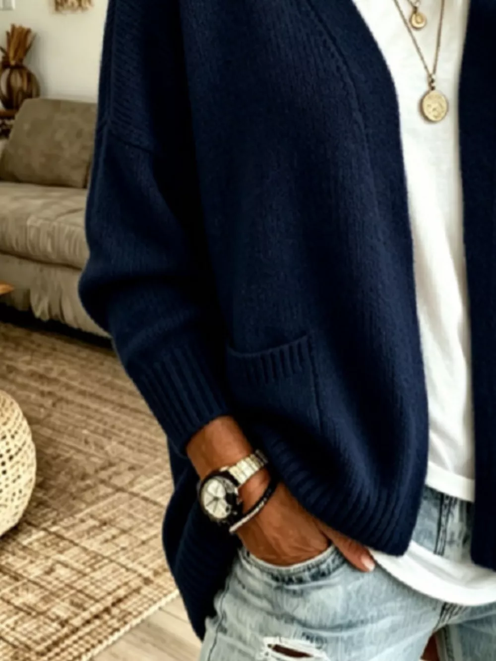 Open Front Knit Cardigan with Pockets, image 9