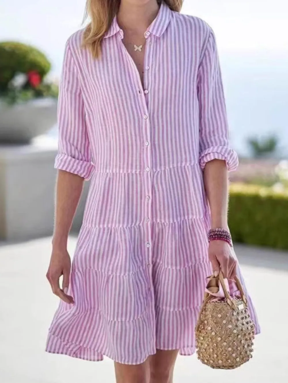 Full Size Striped Button-Down Shirt Dress with Tiered Ruffle Hem Plus Size