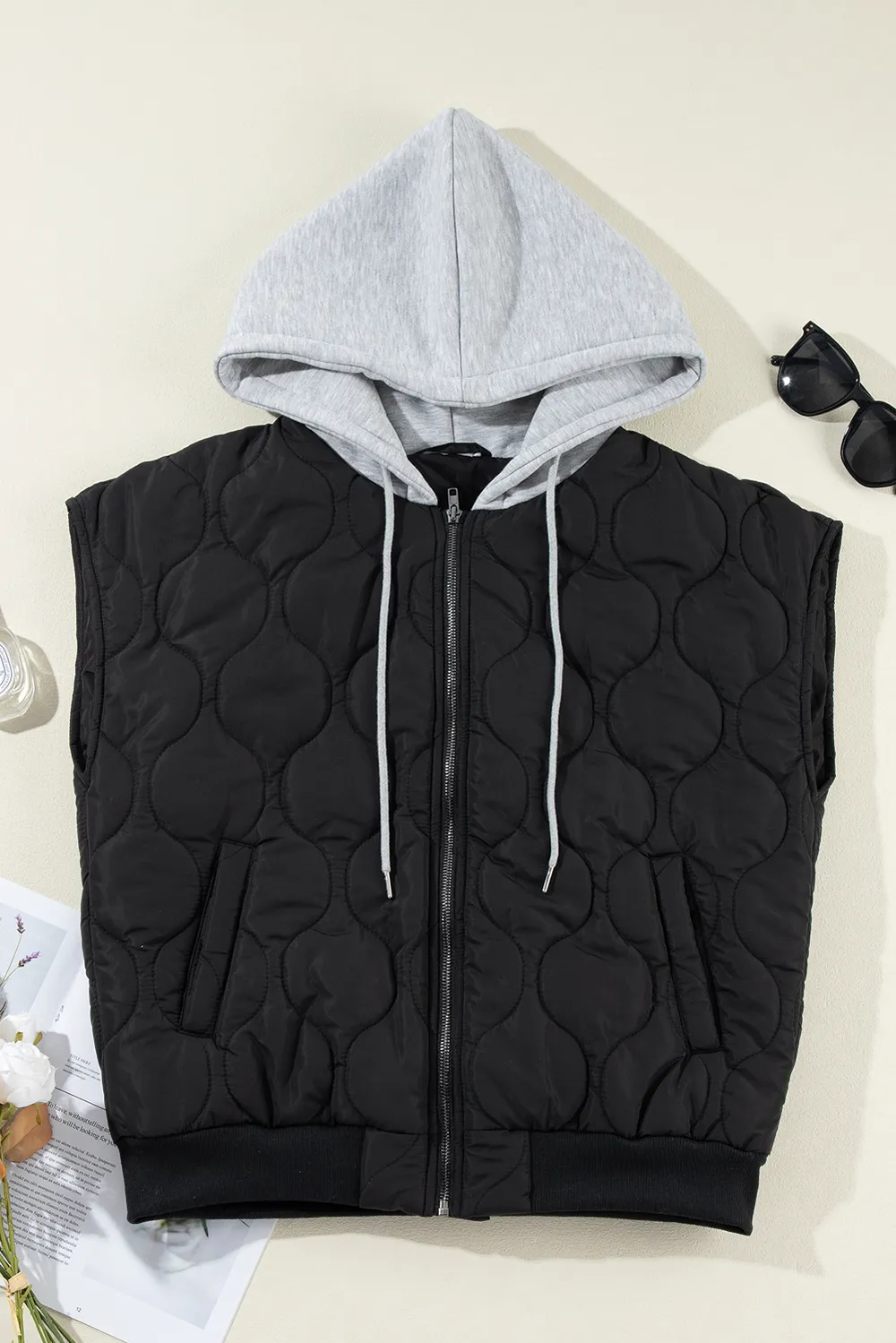 Drawstring Zip Up Hooded Vest Coat, image 4
