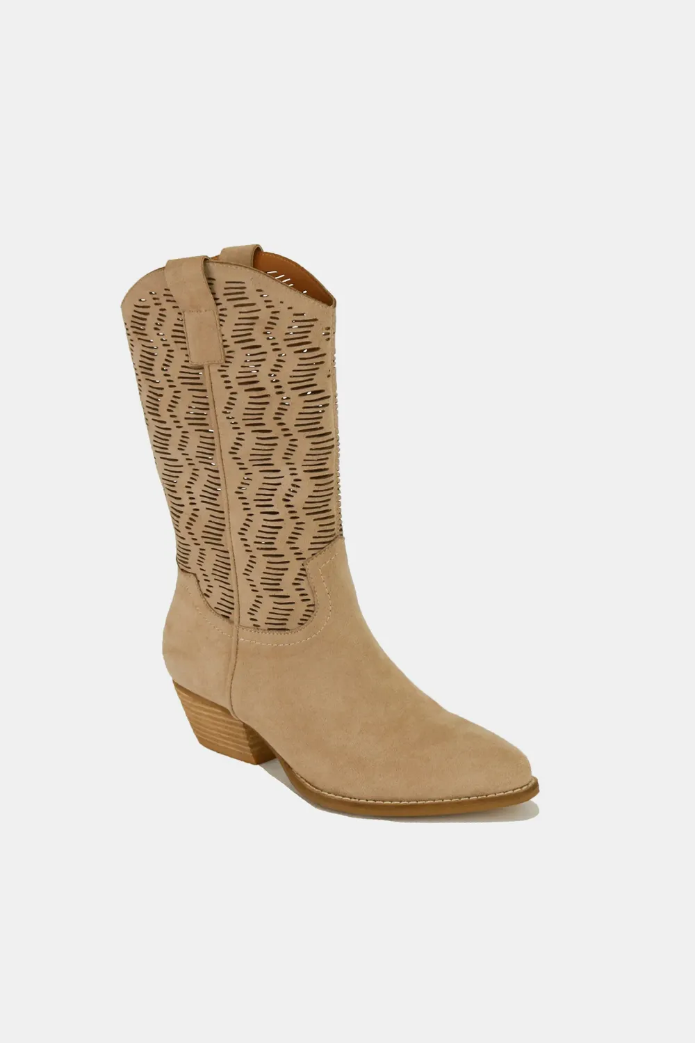 Faux Suede Laser Cut Detail Block Heel Boots, image 2