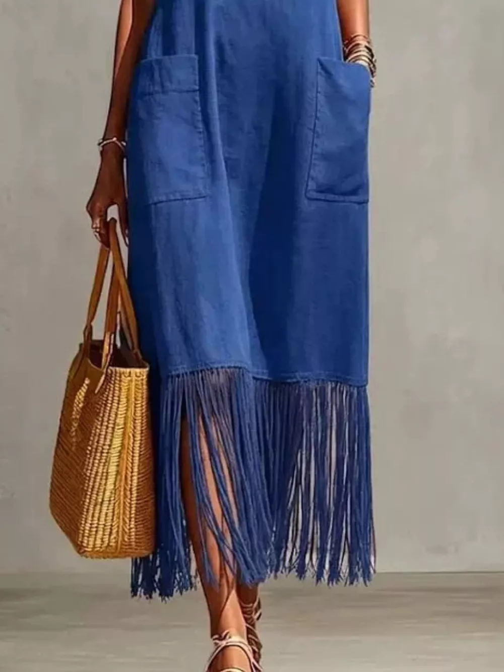 Full Size Fringe V-Neck Spaghetti Strap Dress Plus Size, image 15