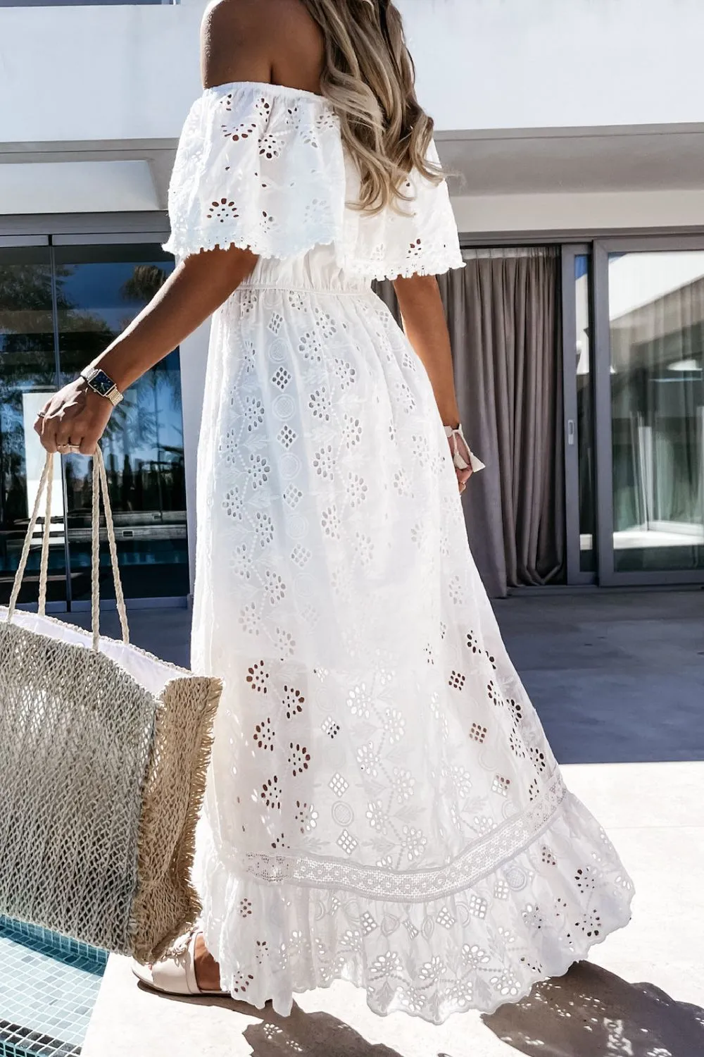 Off Shoulder Eyelet Lace Maxi Dress, image 6