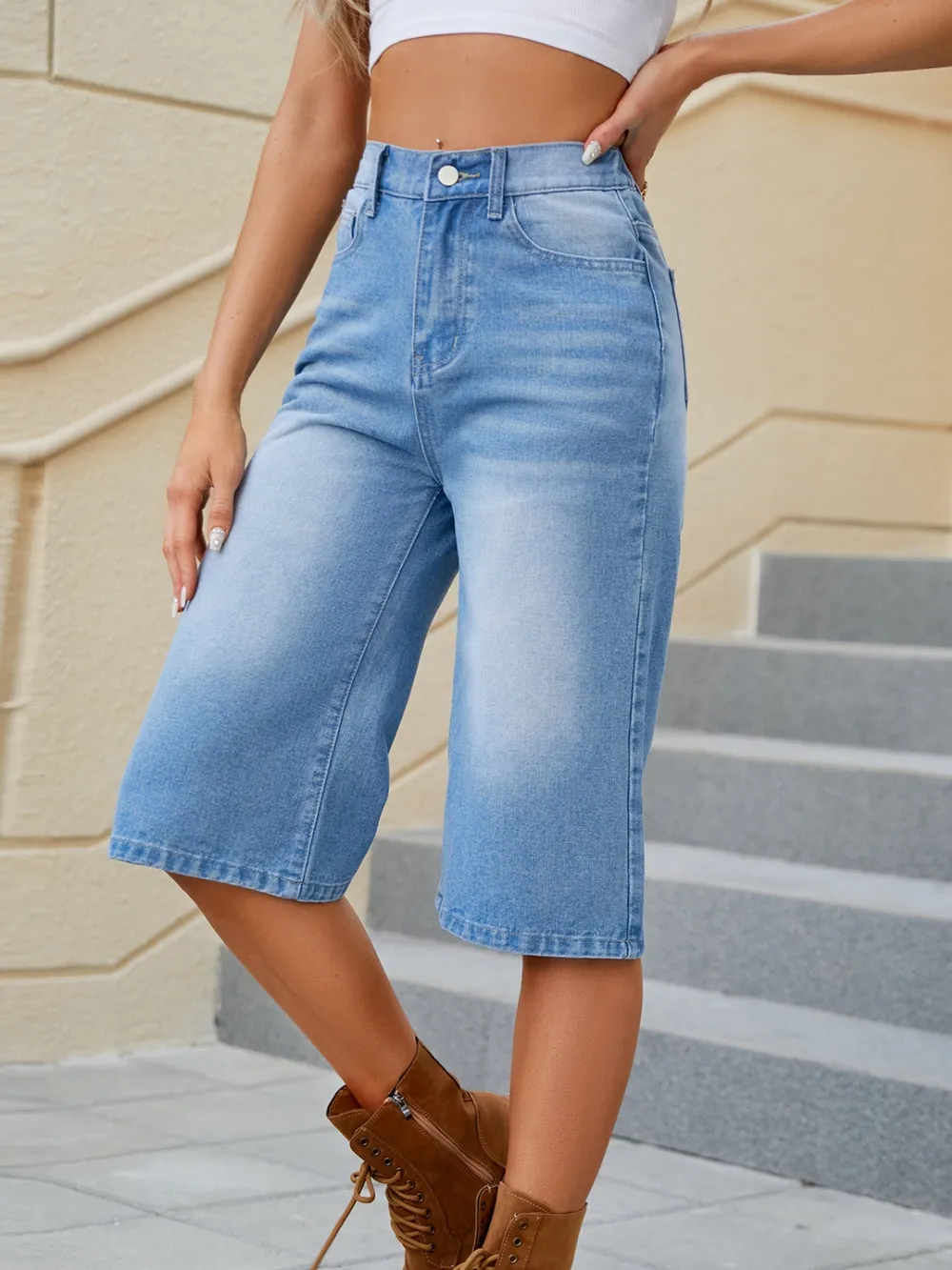 High Waist Denim Shorts with Pockets, image 3