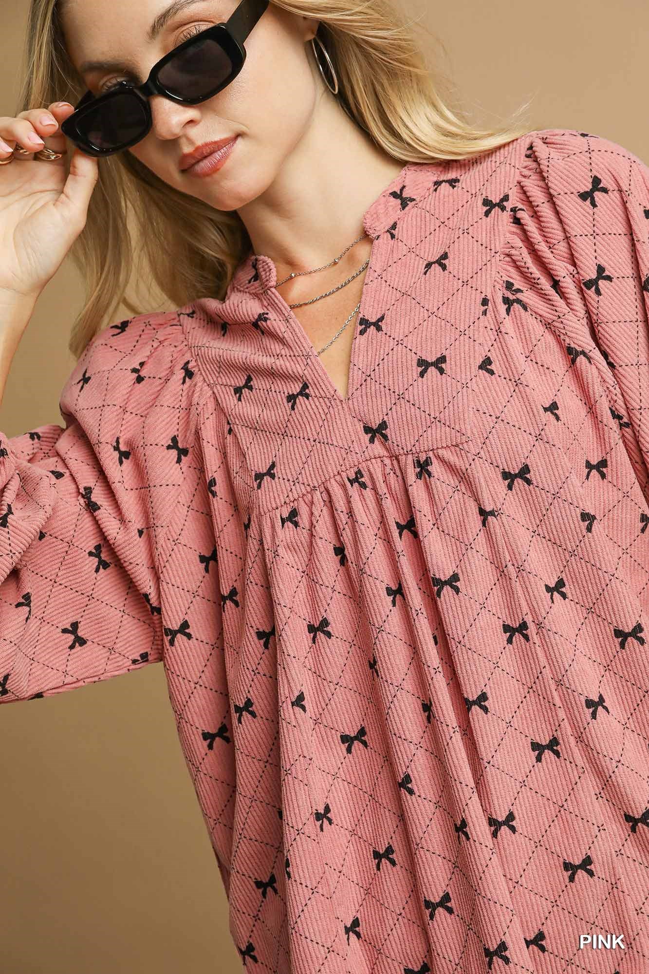 Corduroy Bow Print Balloon Sleeve Blouse, image 3