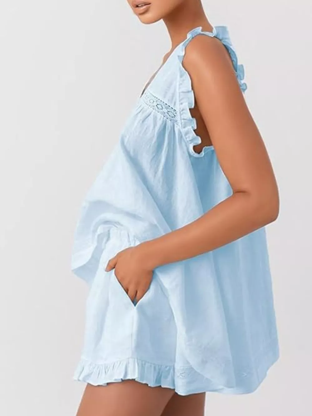Ruffle Trim V-Neck Top and Shorts Set, image 6