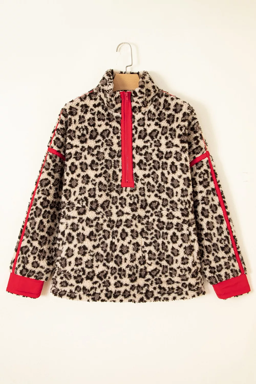 Leopard Print Zip-Up Red Accents Pockets Sweatshirt, image 11