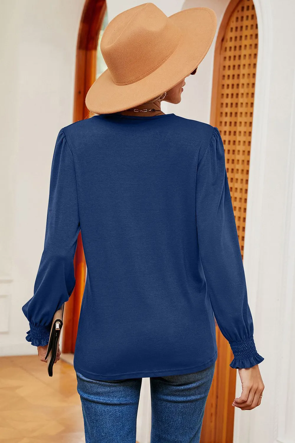 Lace Detail V-Neck Lantern Sleeve T-Shirt, image 27