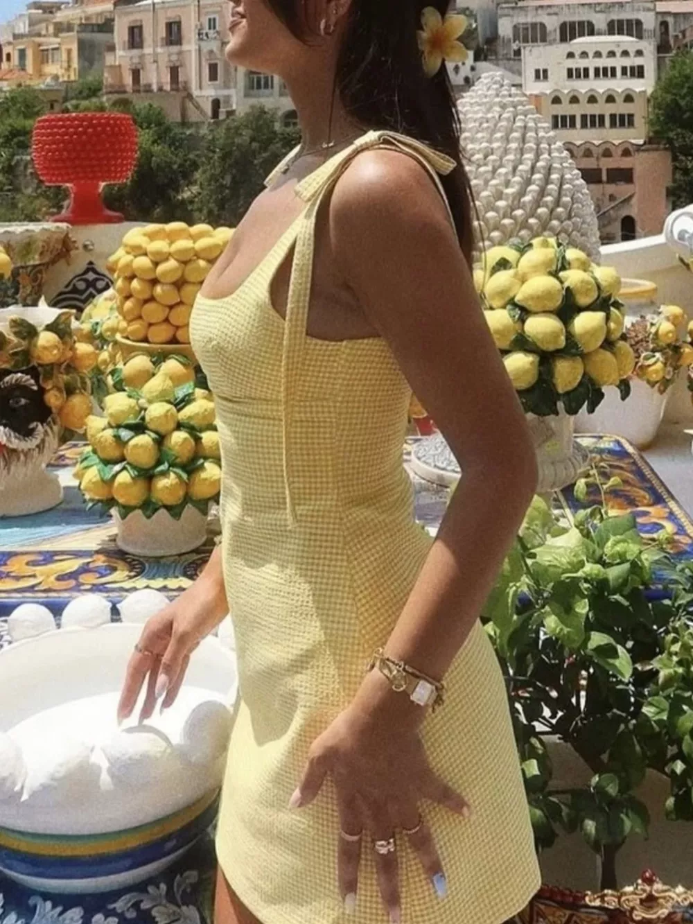 Gingham Tie-Shoulder Mini Dress, image 3