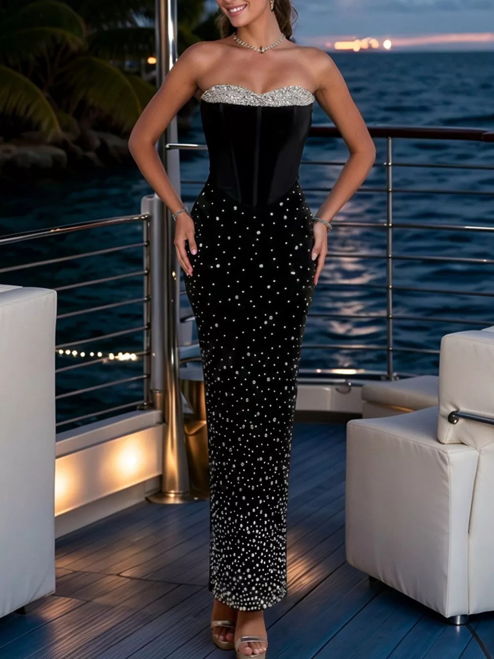 Rhinestone Slit Back Tube Maxi Dress, image 2