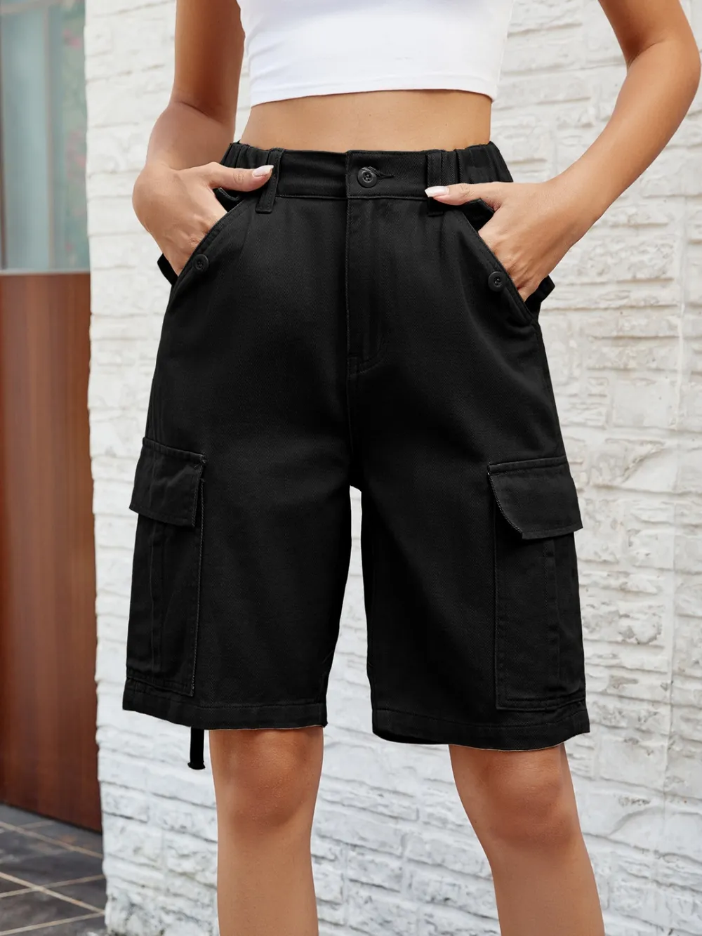 High Waist Denim Shorts with Pockets, image 9