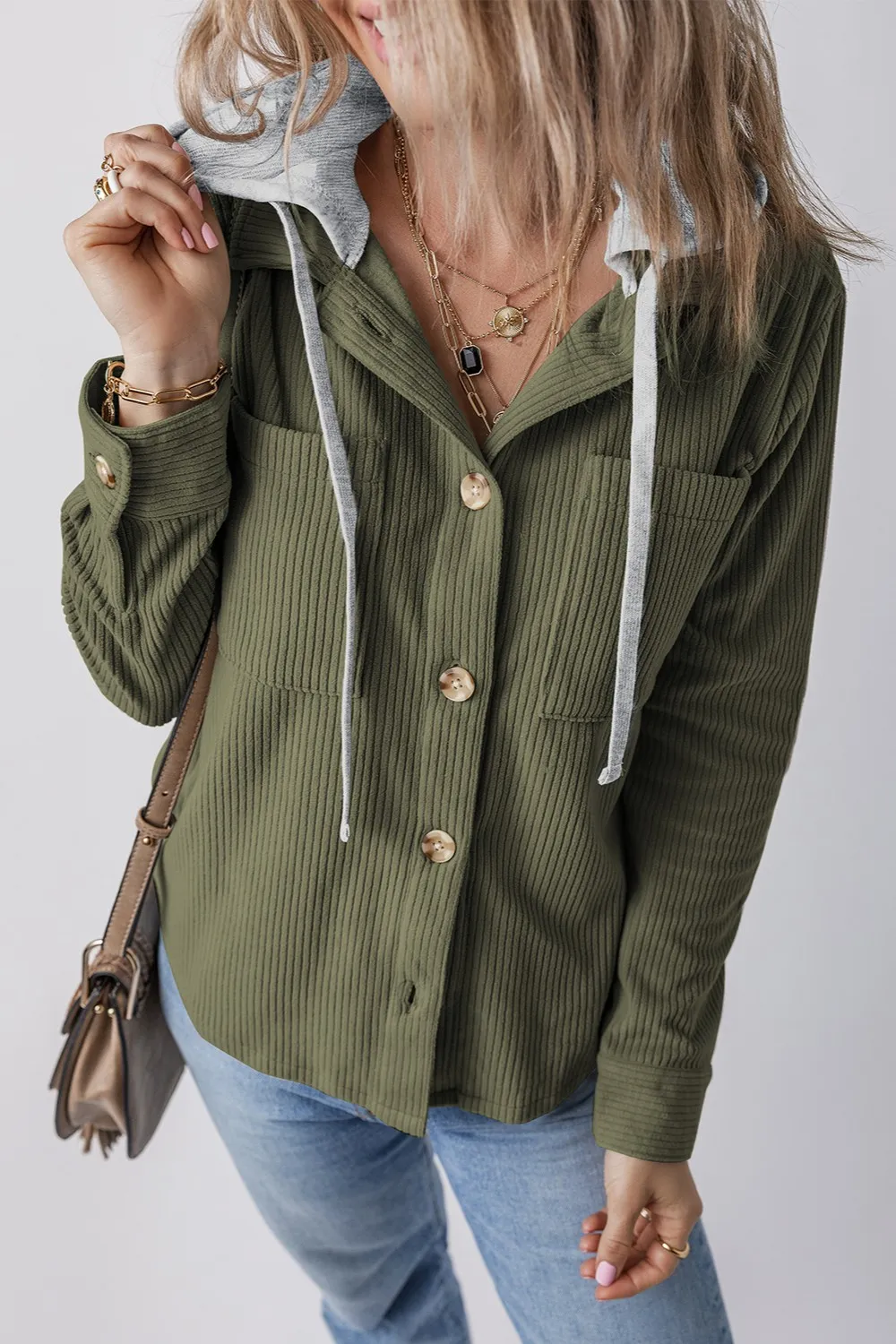 Drawstring Button Up Long Sleeve Hooded Jacket, image 4