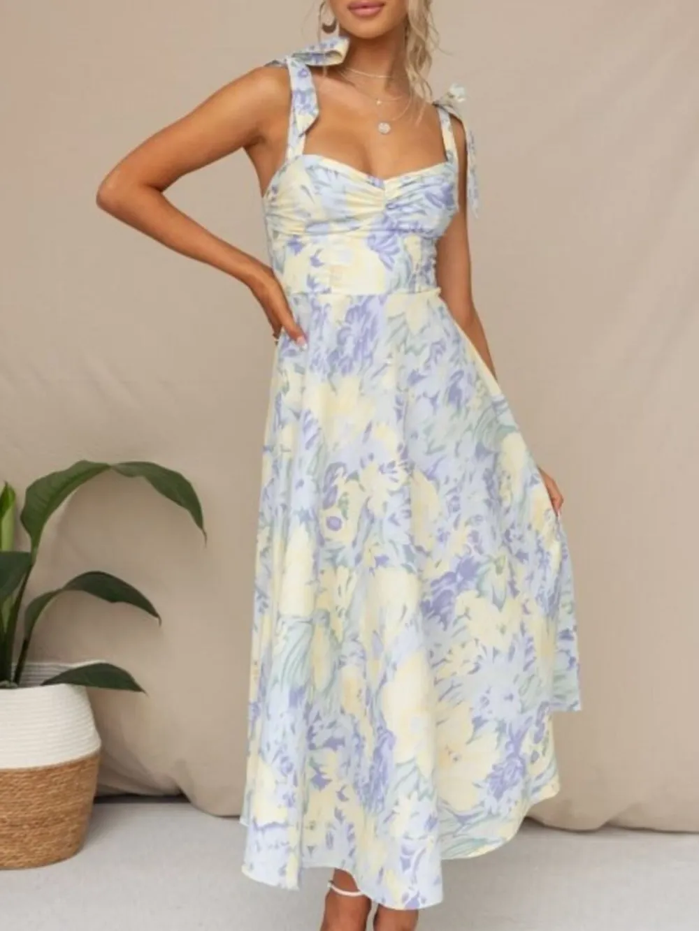 Floral Tie-Strap Sweetheart Neck Midi Dress, image 5