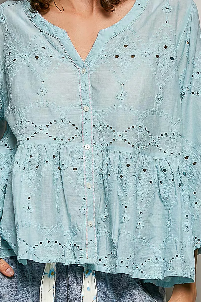 POL Eyelet Embroidery Peplum Button Front Cotton Shirt, image 6