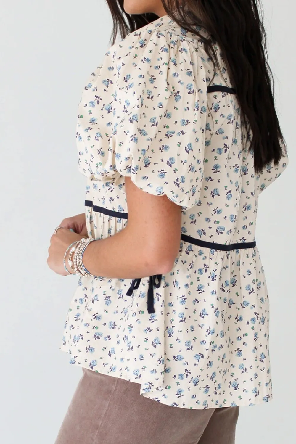 Contrast Trim Floral Puff Short Sleeve Shirt, image 3
