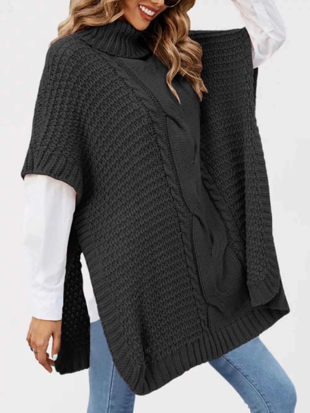 Turtleneck Cable-Knit Short Sleeve Oversized Sweater, image 7