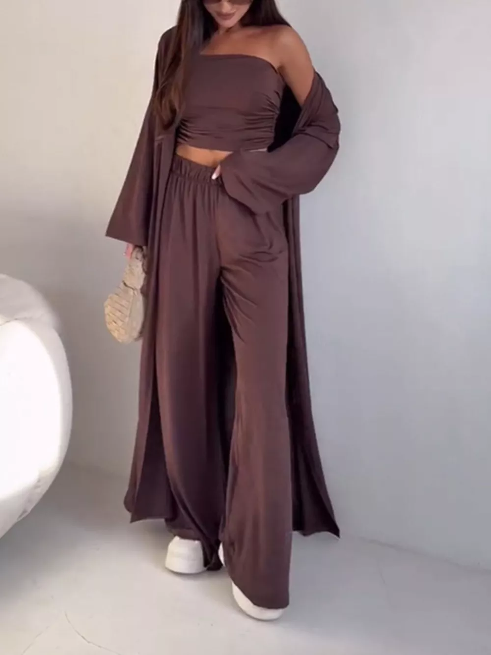 Chic Strapless Ruched Crop Top and Wide-Leg Pants with Cardigan 3-Piece Set, image 4