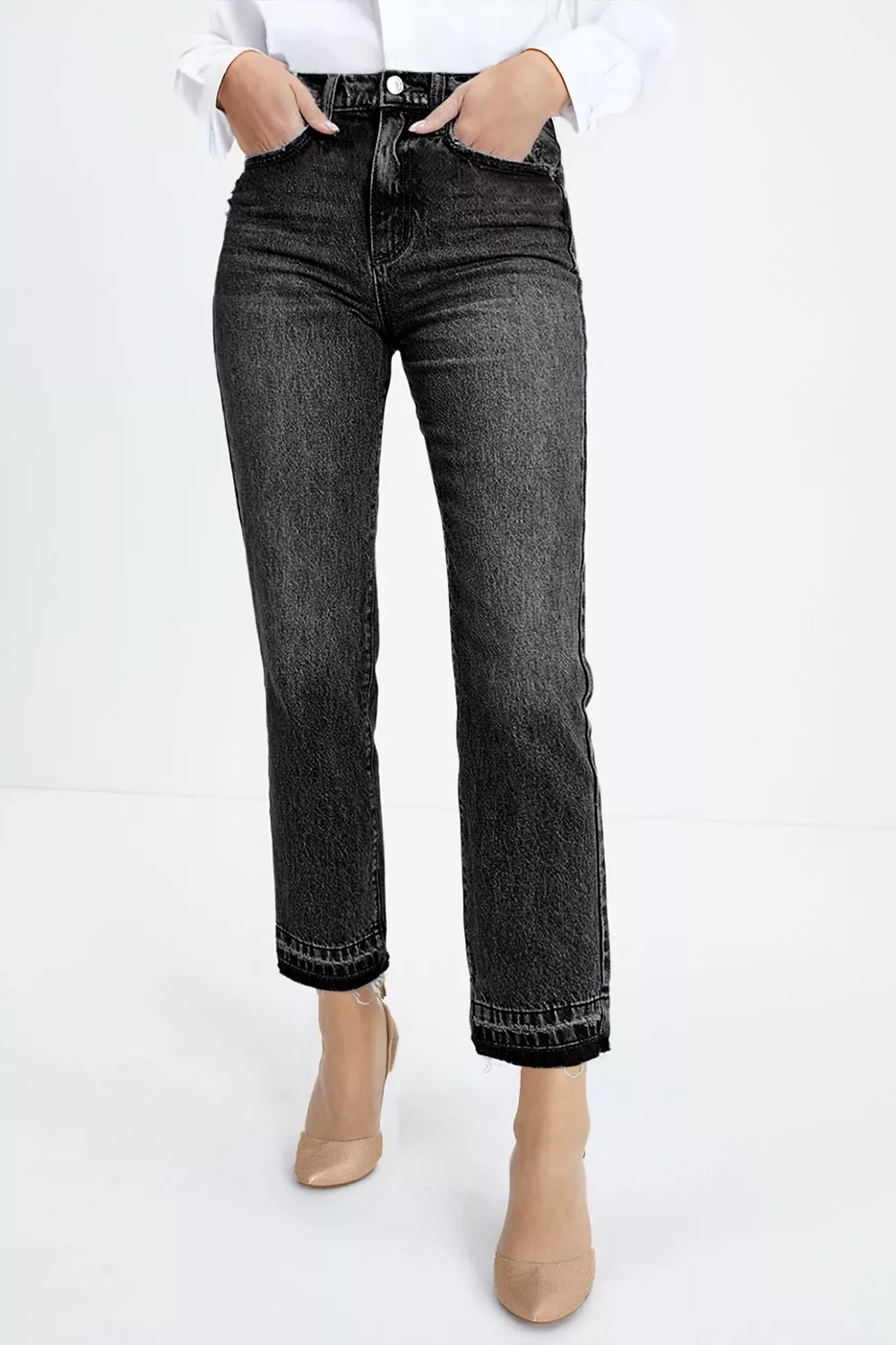 High-Waisted Distressed Hem Straight Leg Jeans