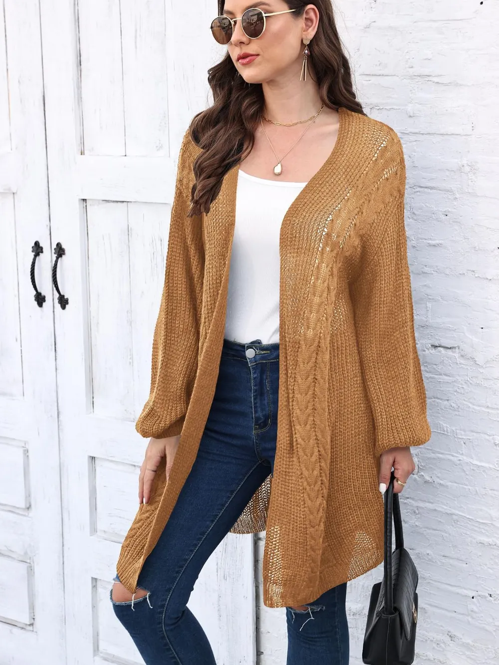 Cable-Knit Open Front Long Sleeve Cardigan, image 11