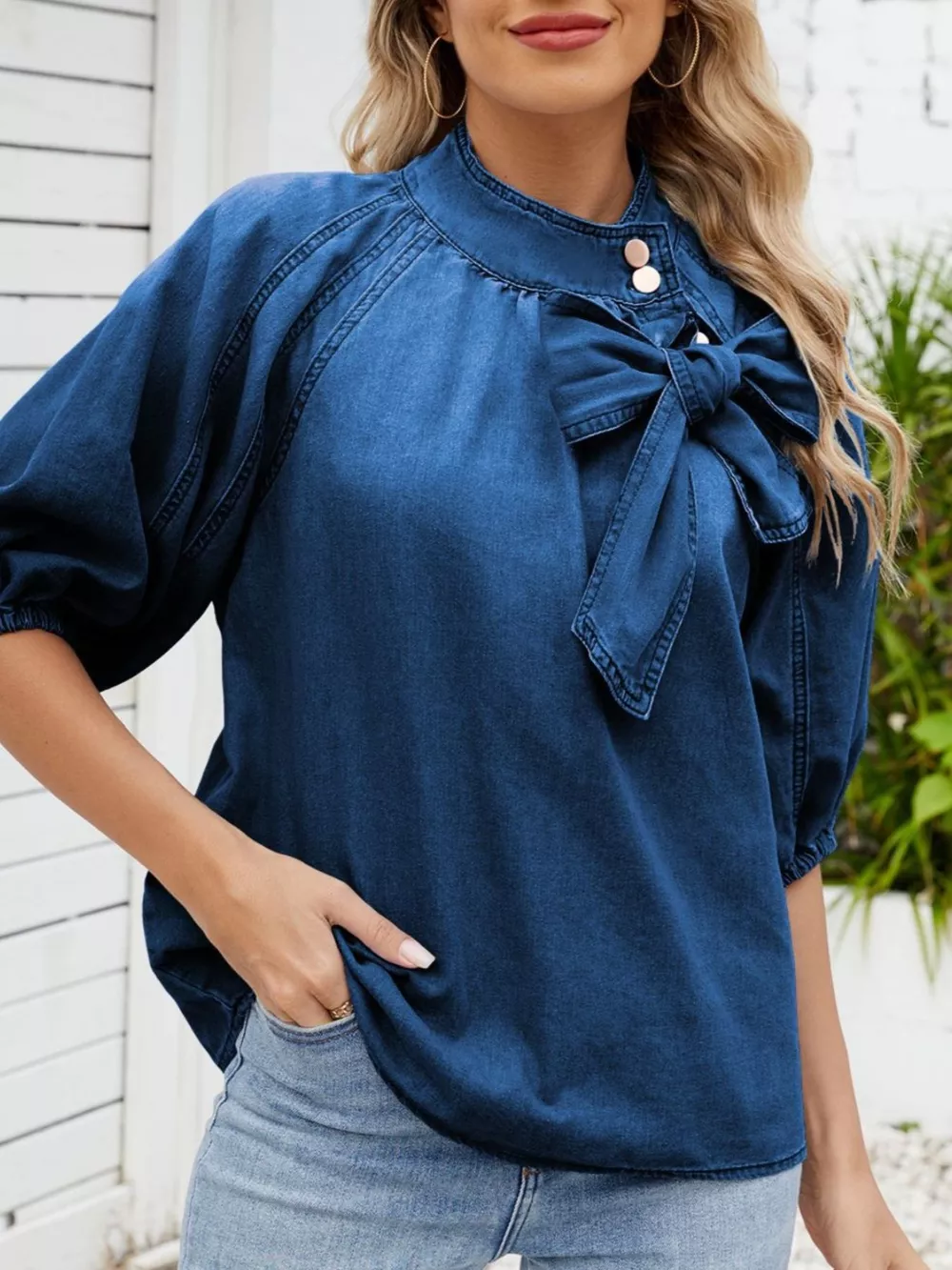Bow Accent Puff Sleeve Denim Top, image 8