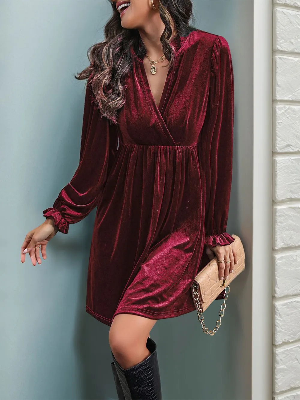 Ruched Surplice Long Sleeve Mini Dress, image 12