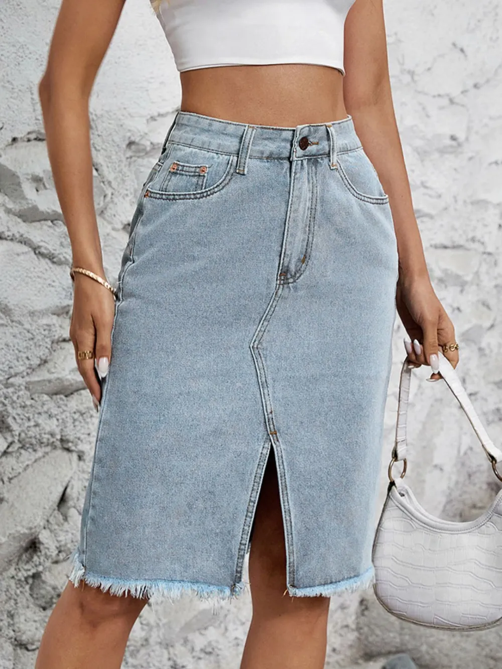 Raw Hem Slit Denim Skirt, image 7